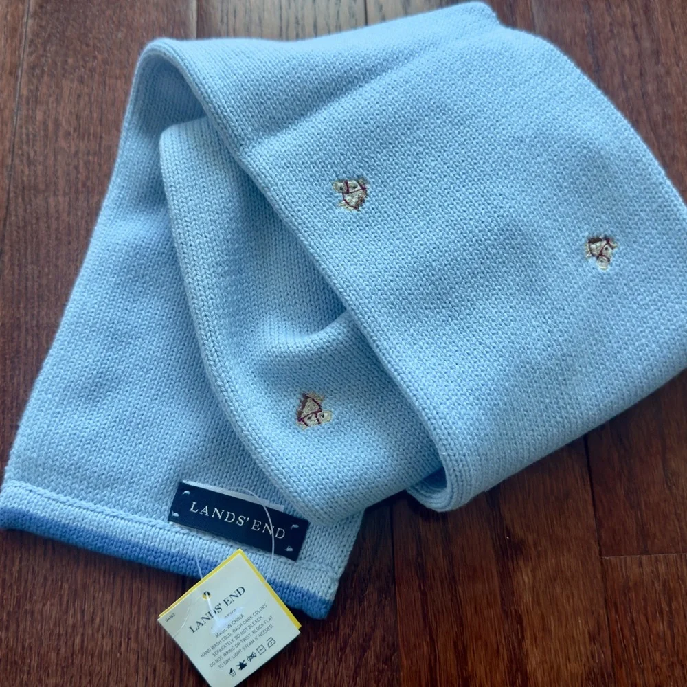 Lands' End Children’s Embroidered Equestrian Horse Knit Blue Scarf 50”L With Tag